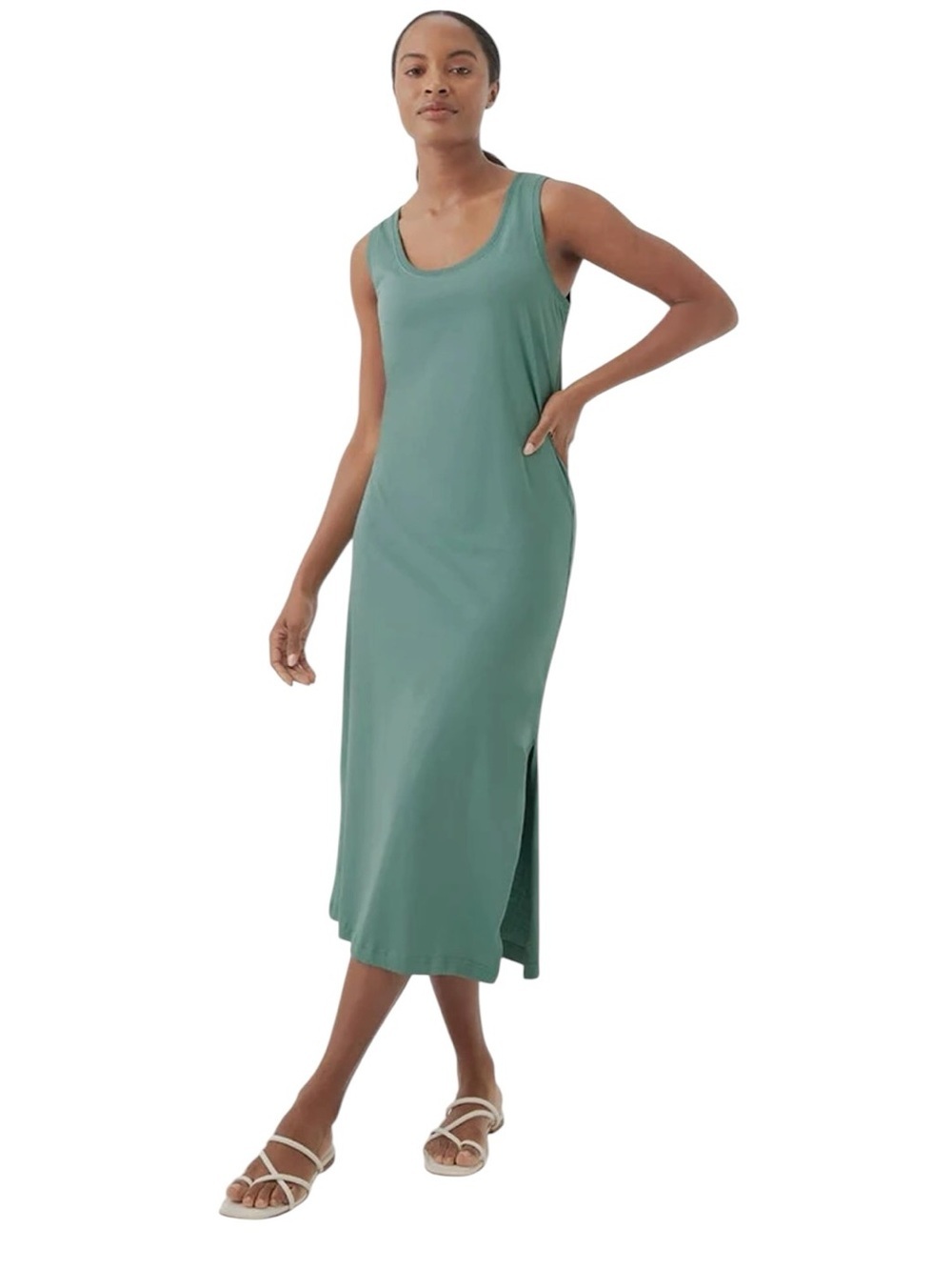 Pact - Softspun Tank Midi Dress Green Organic Cotton Side Slit Sz XS